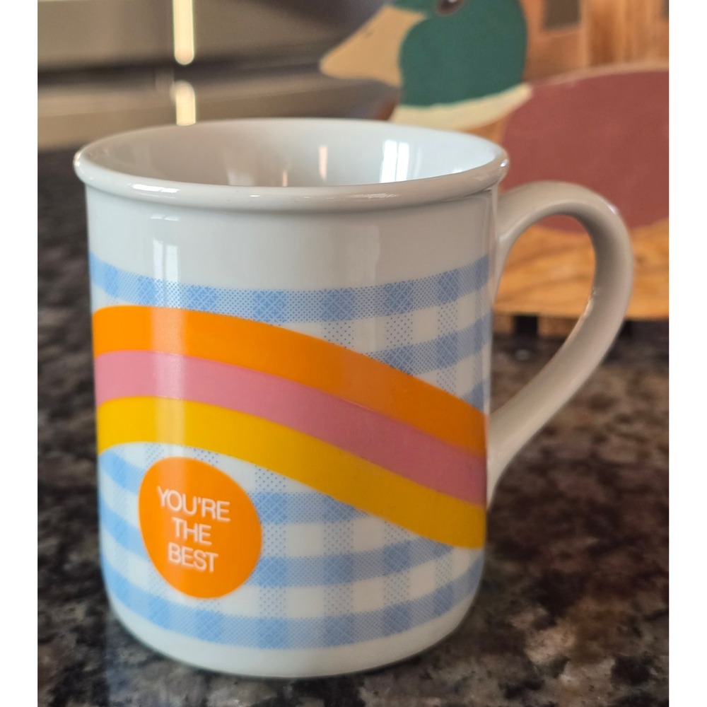 Vintage Style Youre The Best Coffee Mug Blue Gingham Rainbow Stripes Ceramic Cup